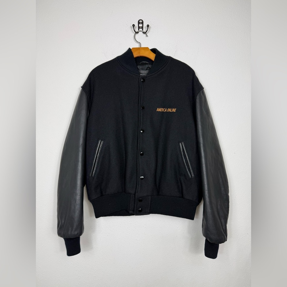 Vintage Golden Bear Black AOL America Online Wool Varsity Bomber Leather Jacket